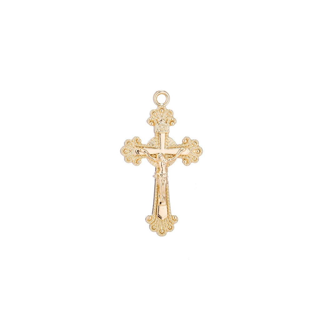 18k Gold Filled Ornate Cross Crucifix Pendant Jesus Christ Catholic Rosary Charm Layer Necklace Hoop Earring Jewelry Making C-087