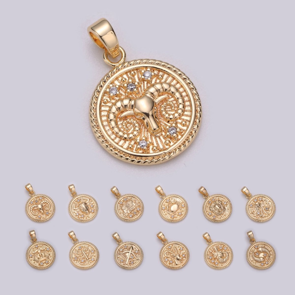 18K Gold Filled Zodiac Horoscope Sign Constellation Medallion Pendant Charm Textured Coin Decorative Edge for Necklace Jewelry Making | A-A1761-A-A1766