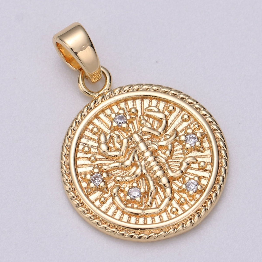 18K Gold Filled Zodiac Horoscope Sign Constellation Medallion Pendant Charm Textured Coin Decorative Edge for Necklace Jewelry Making | A-A1761-A-A1766