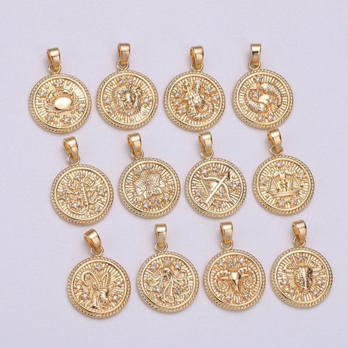 18K Gold Filled Zodiac Horoscope Sign Constellation Medallion Pendant Charm Textured Coin Decorative Edge for Necklace Jewelry Making | A-A1761-A-A1766