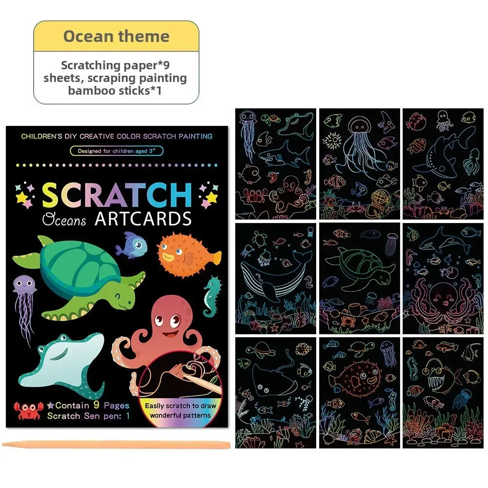 Rainbow Scratch Art Paper Kit for Kids | 9-Piece Magic Drawing Set